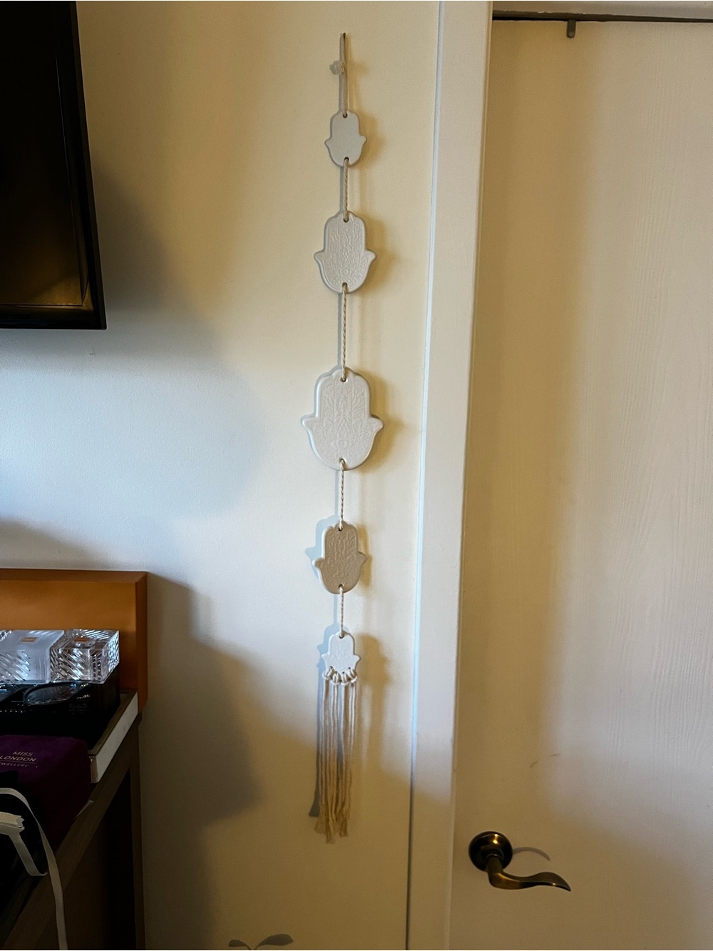 White Ceramic Hamsa Wall Hanging with Tassel - Neutral Home Accent